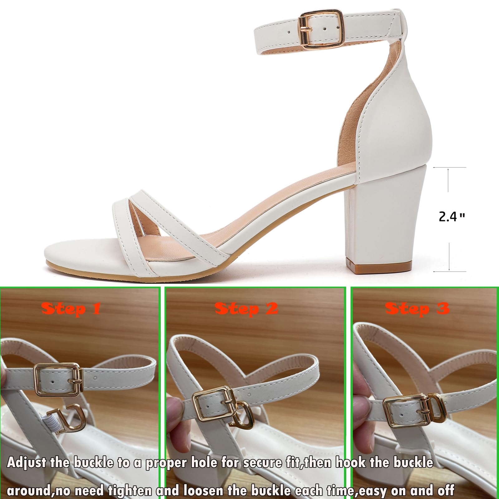 WUIWUIYU Women's Open Toe Ankle Strap Low Heel Strappy Sandals White Size 7.5