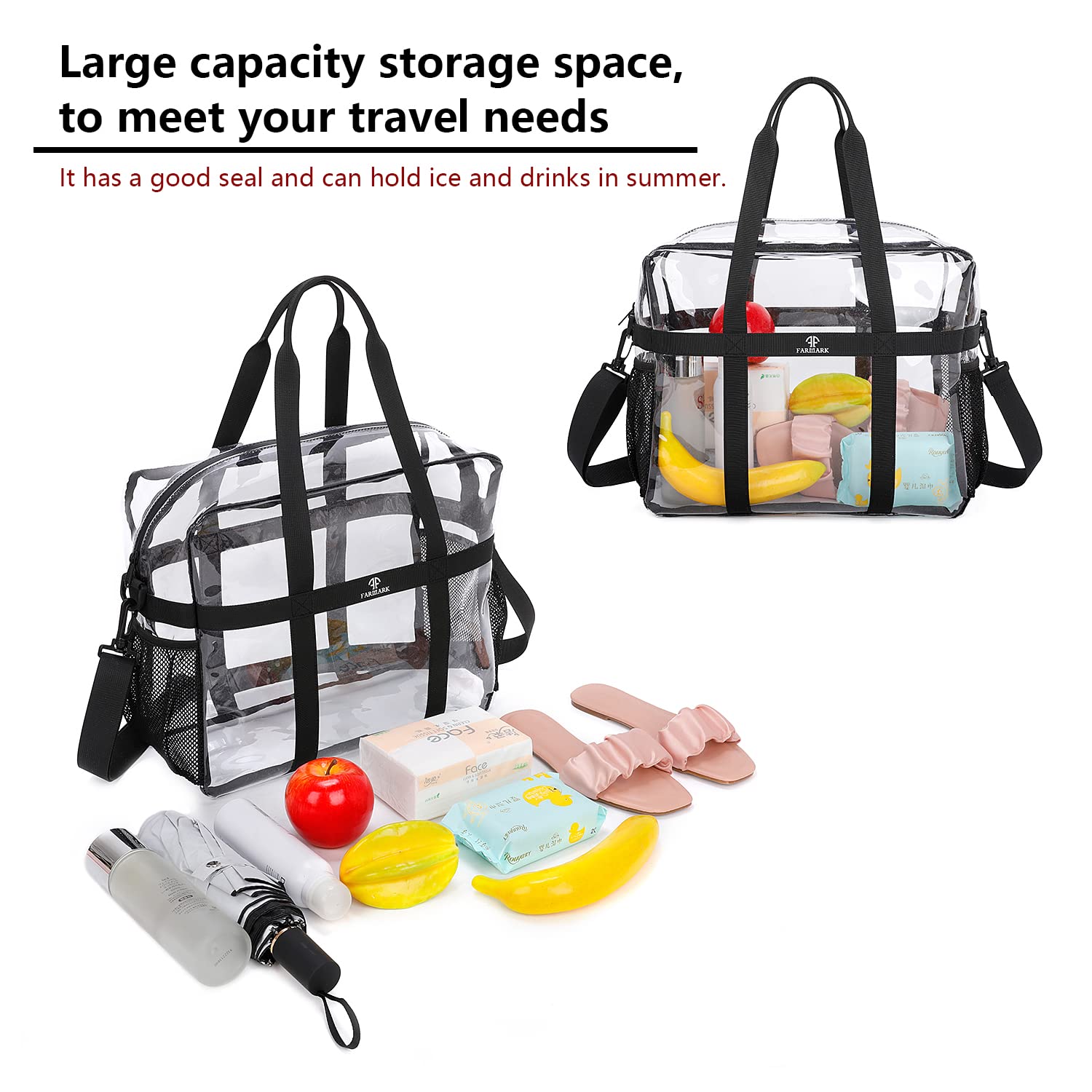 FARMARK Clear Tote Bag Stadium Approved Heavy Duty Crossbody Black Large
