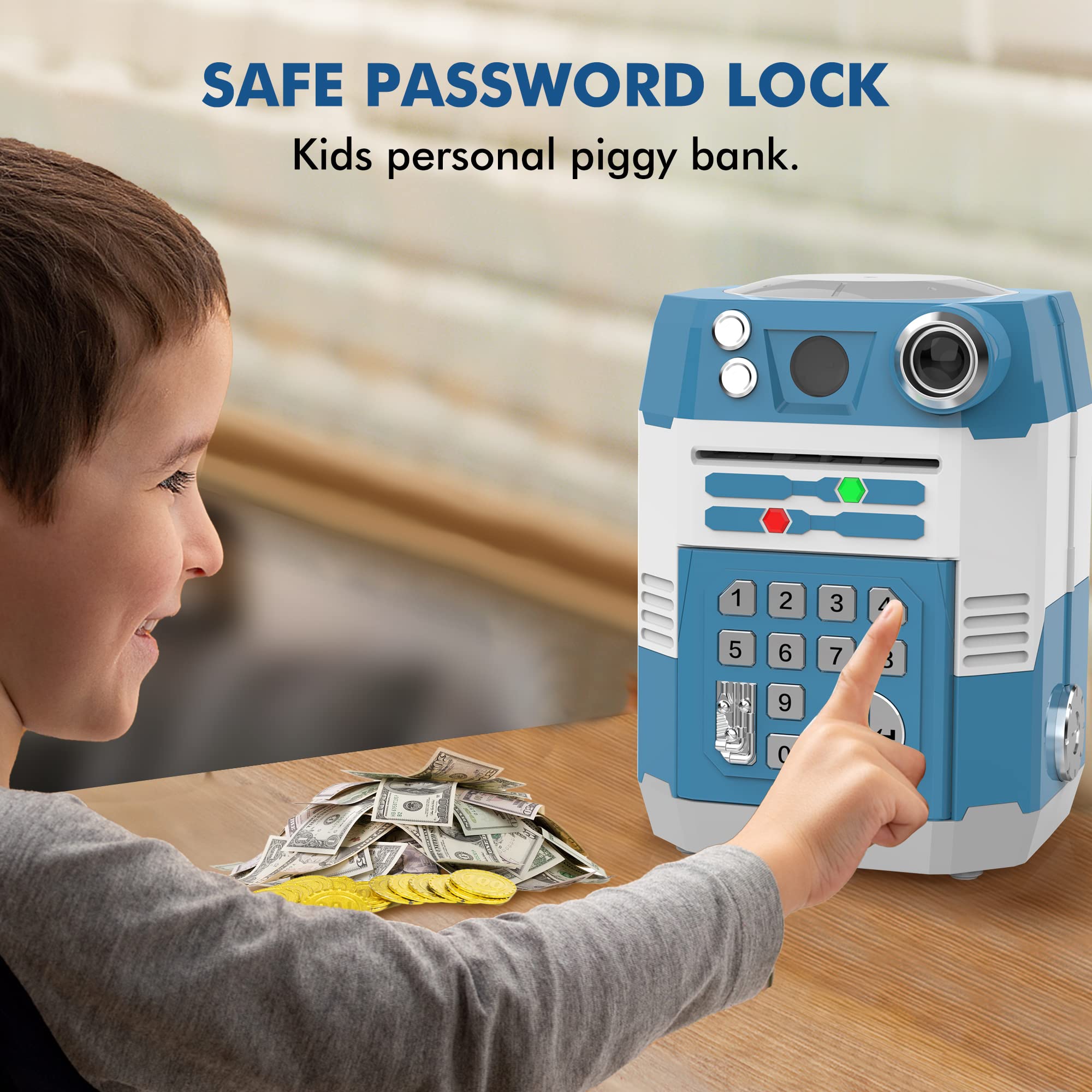 Wantfly Kids Electronic Piggy Bank Wave Activation Password Infrared Blue