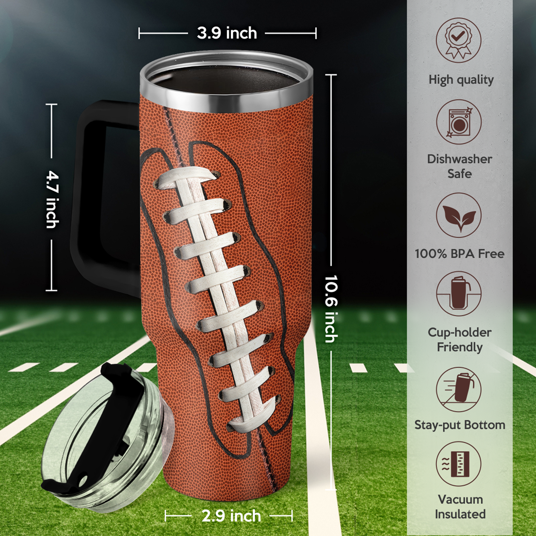 Football Tumbler with Handle 40oz with Lid & Straw, Football Gifts for Men Boys Player Coach Sports Lover, Football Tumblers Coffee Stainless Steel Insulated Cup Gifts for Christmas Birthday