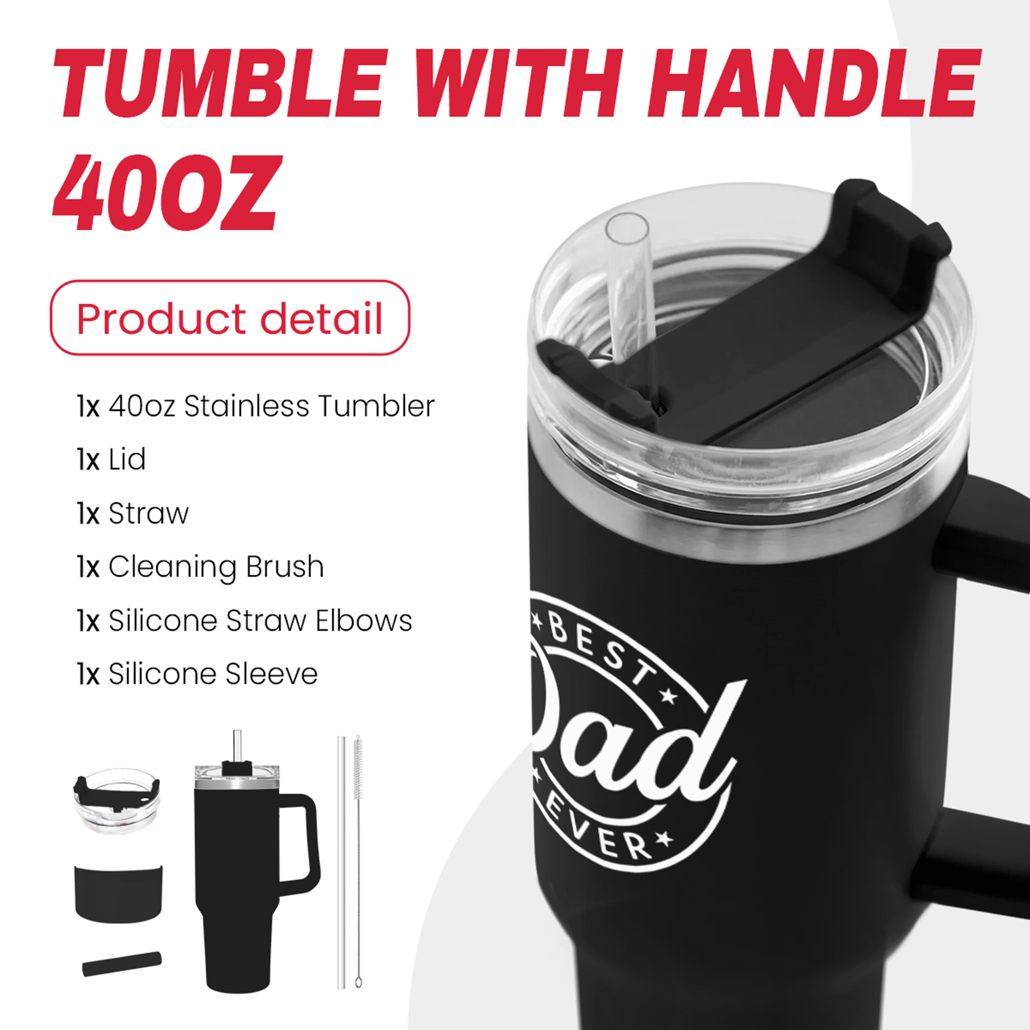 Best Dad Ever Tumbler with Handle 40oz Stainless Steel Insulated - Dad Gifts for Dad from Daughter Son - Coffee Tumbler for Dad Father's Day Birthday Christmas Cup Gift Set with Lid & Straw