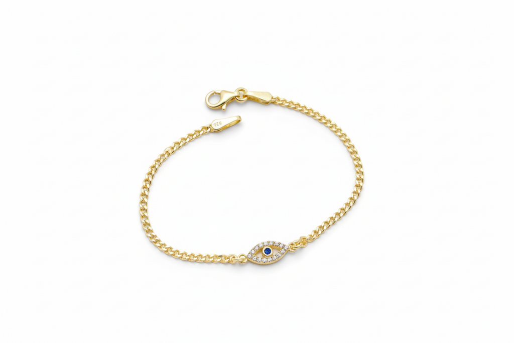 Evil Eye Charm Bracelet with Curb Chain in 925 Sterling Silver