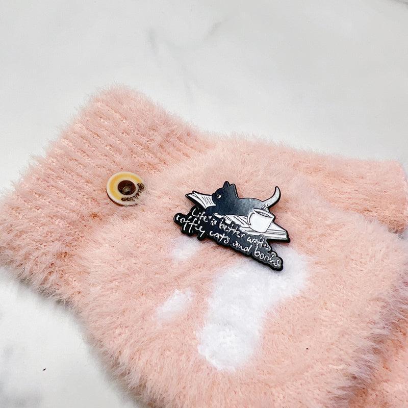 Life Is Better with Coffee Books Cats Pin for Jackets and Bags