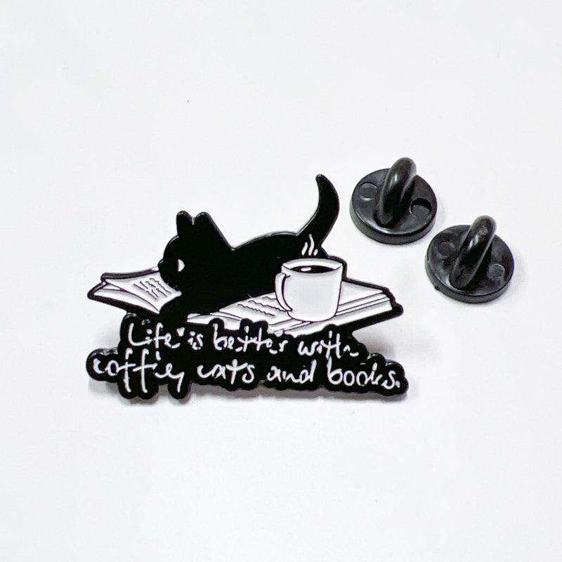 Life Is Better with Coffee Books Cats Pin for Jackets and Bags