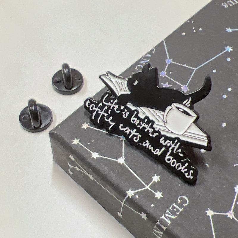 Life Is Better with Coffee Books Cats Pin for Jackets and Bags