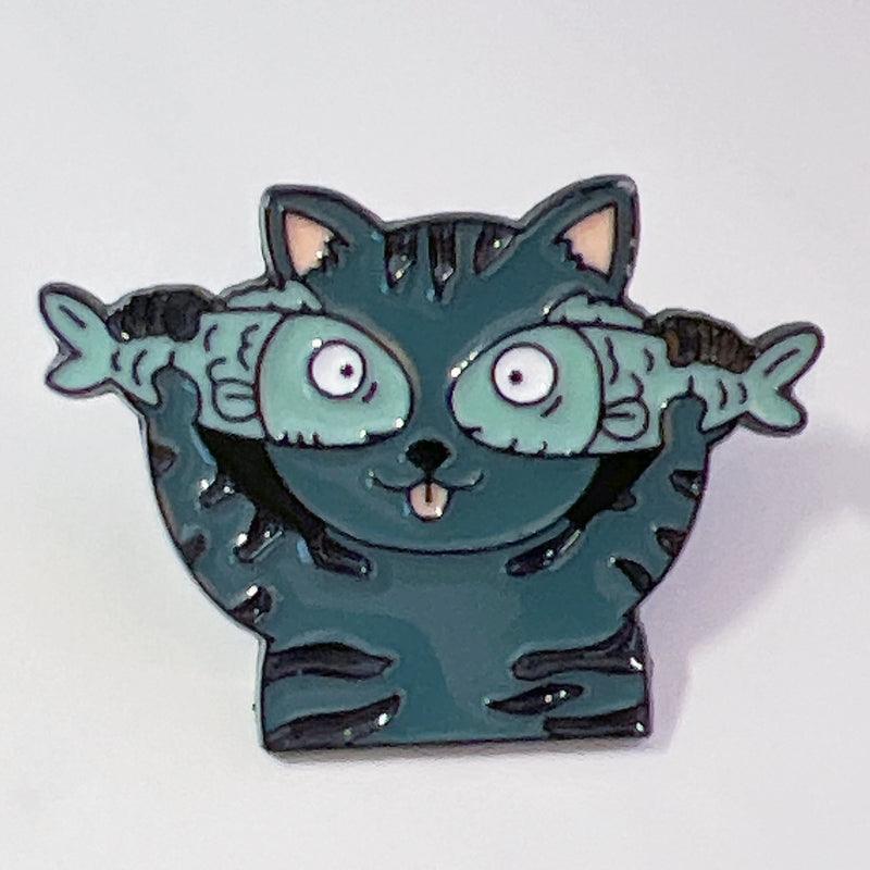 Cat with Fish Enamel Pin – Silly Cat Expression for Fun Outfits