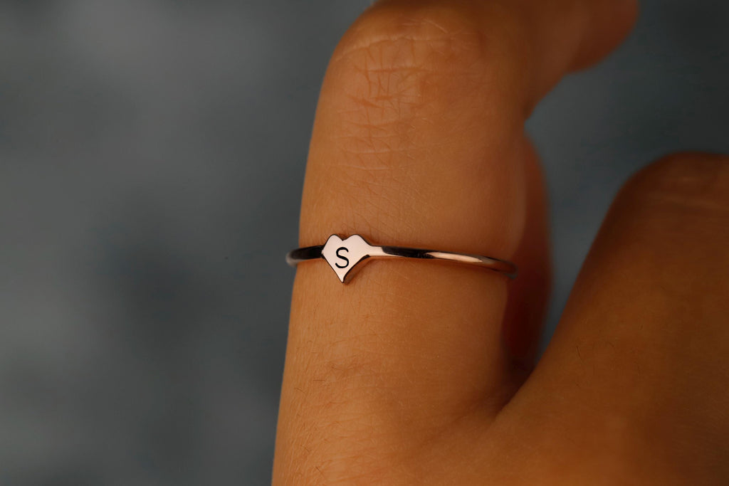 Tiny Heart Initial Ring | 10K Solid Gold & Sterling Silver | Custom Personalized Jewelry