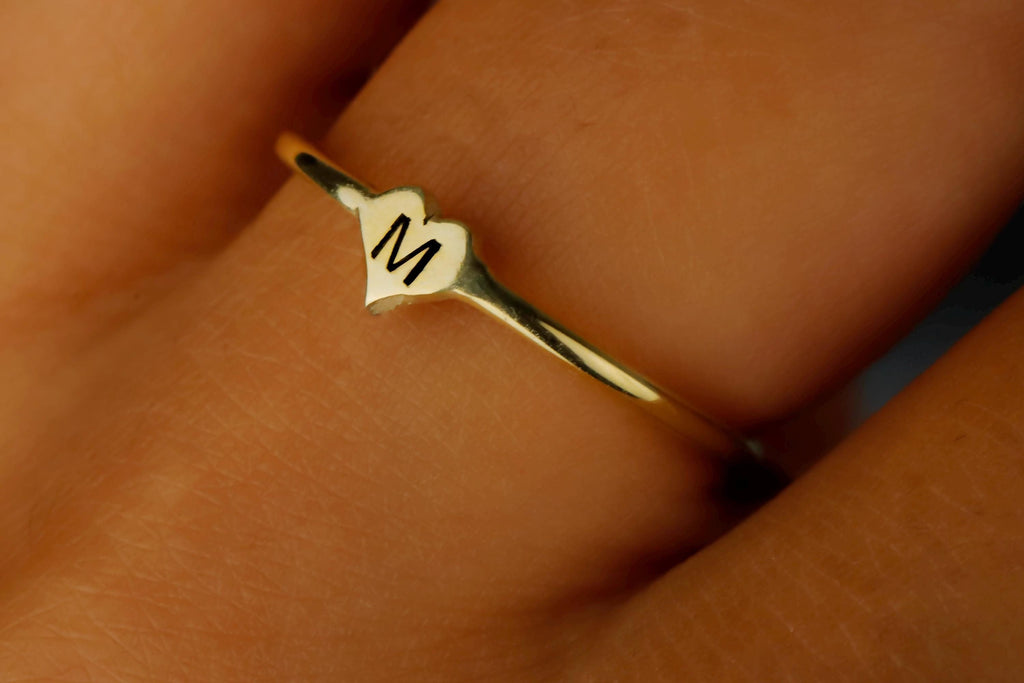 Tiny Heart Initial Ring | 10K Solid Gold & Sterling Silver | Custom Personalized Jewelry