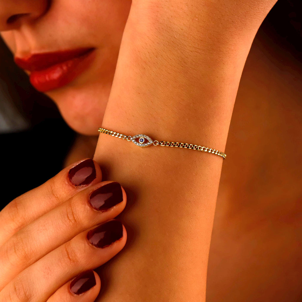 Evil Eye Charm Bracelet with Curb Chain in 925 Sterling Silver