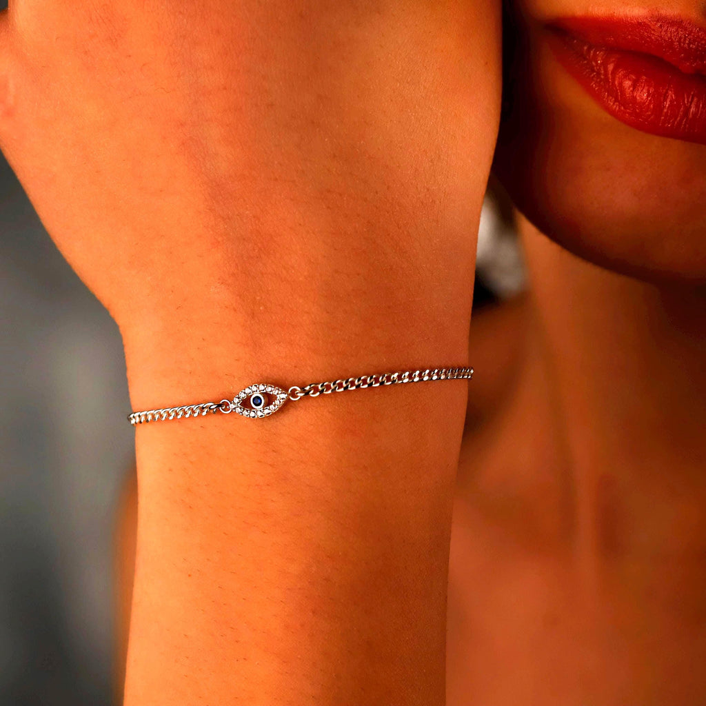 Evil Eye Charm Bracelet with Curb Chain in 925 Sterling Silver