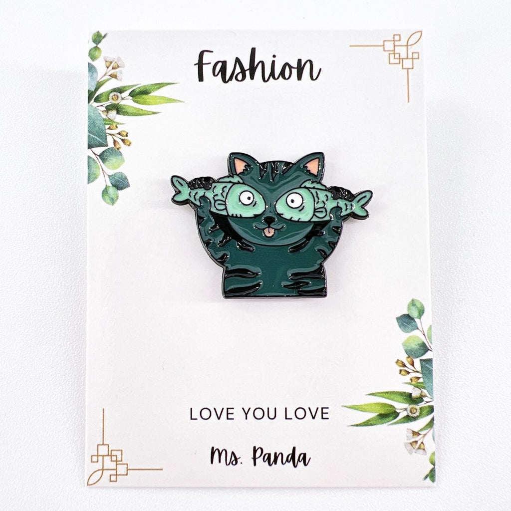 Cat with Fish Enamel Pin – Silly Cat Expression for Fun Outfits