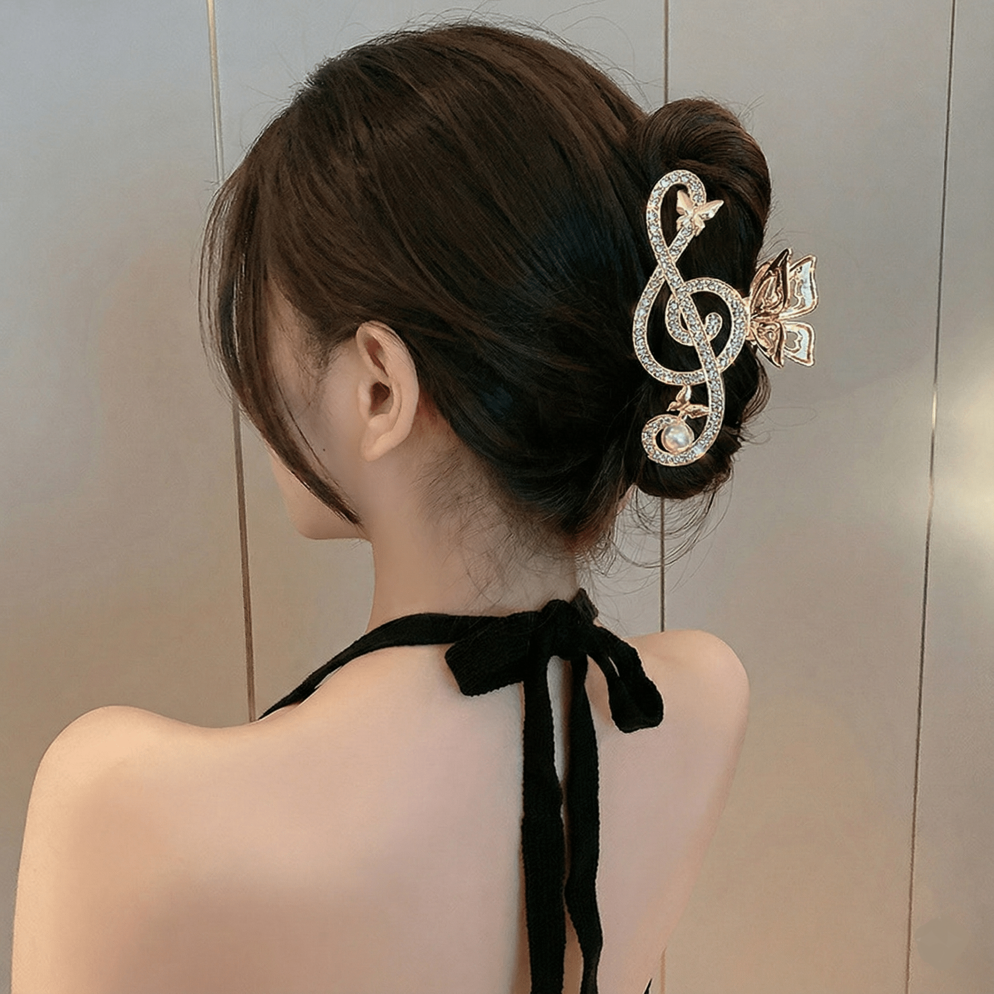Gold-Tone Treble Clef Hair Clip Rhinestone Music Barrette