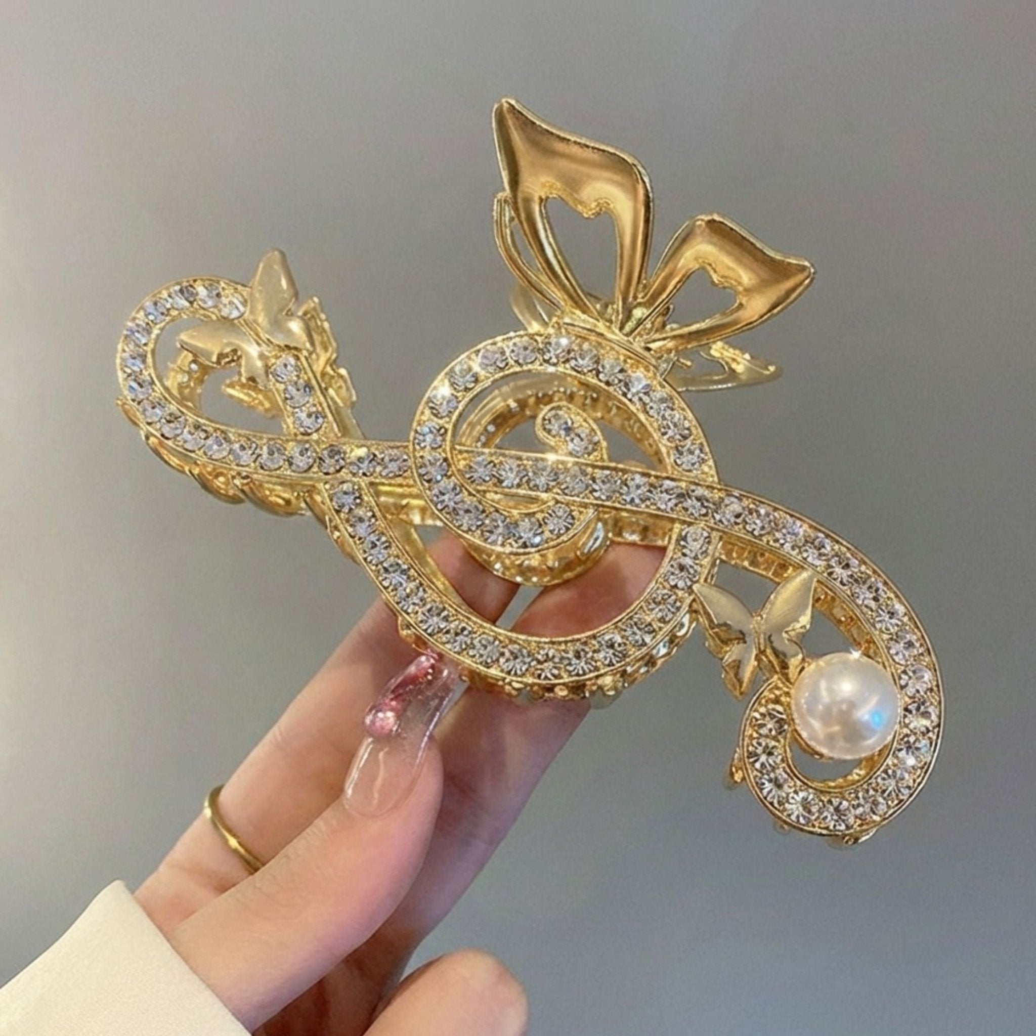 Gold-Tone Treble Clef Hair Clip Rhinestone Music Barrette
