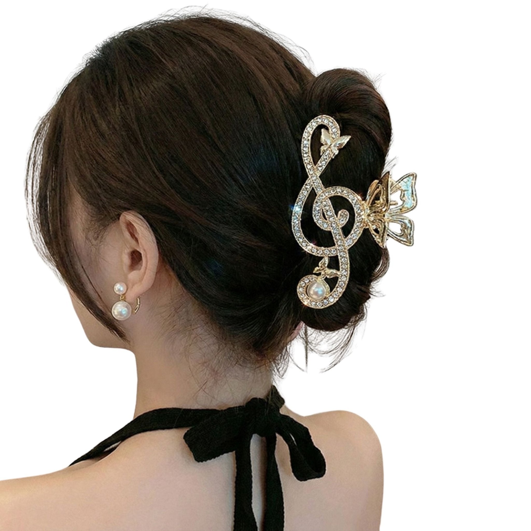 Gold-Tone Treble Clef Hair Clip Rhinestone Music Barrette